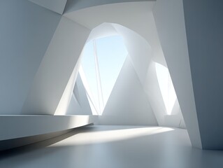Futuristic White Architectural Interior with Angular Faceted Forms and Natural Light Creating a Clean Minimal Conceptual Design Background