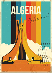 Algeria Tourist Attraction Postcard, Algeria the Martyrs Memorial Illustration. Vector Template Retro Style Greeting Card with handwriting wish. Vintage Color Stripes, Aged Paper Texture