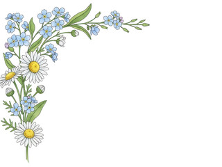 Soft blue forget me not and white daisy corner border illustration isolated on white background.png