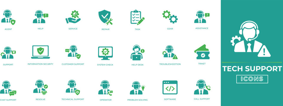 Tech support icon set. Includes IT Support, Help Desk, Troubleshooting, Cybersecurity, Customer Suppor, and more. Perfect for IT, software, web, apps, and infographics.