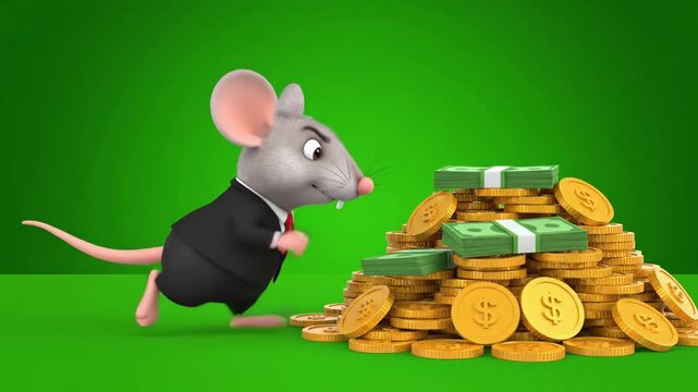 A determined cartoon mouse in a business suit runs towards a large pile of gold coins and green bills on a vibrant green background with a sense of urgency and financial ambition.