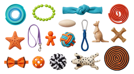 Set of Assorted Pet Toys and Accessories for Dogs and Cats isolated PNG with Transparent Background