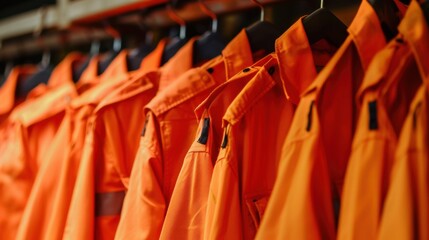 A row of bright orange work shirts hanging on hangers. The shirts are designed for safety and visibility, suitable for industrial or construction environments.