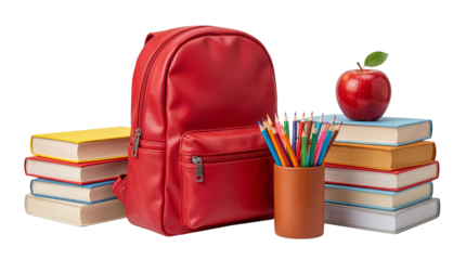 Red School Backpack with Books, Pencils, and Apple Still Life isolated PNG with Transparent Background