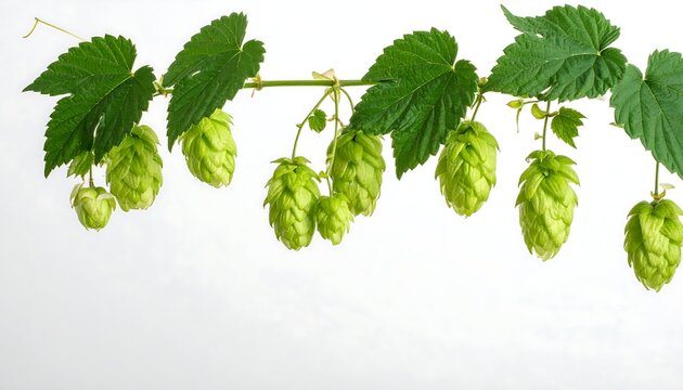 Fresh Green Hops Branch with Cones and Leaves Isolated on White Background