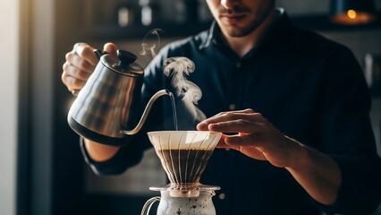 Professional male barista hand-brewing slow coffee with glass dripper, dark modern caf&eacute; background, specialty coffee photography for editorial use