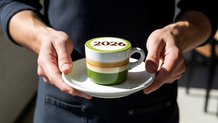 Professional male coffee worker serving matcha coffee fusion drink, modern caf&eacute; background, beverage photography for premium branding