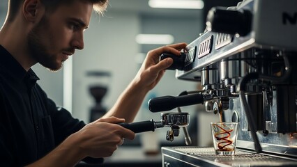 Male barista calibrating espresso machine for signature shot, modern coffee lab background, coffee technology photography for social media branding