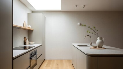 Sage beige contemporary kitchen with rounded cabinetry, organic modern interior, lifestyle kitchen photography for premium branding