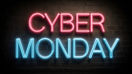 Online shopping banner featuring Cyber Monday in glowing neon letters for promotional use