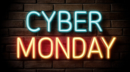 Online shopping promotion featuring Cyber Monday neon sign on textured brick wall backdrop