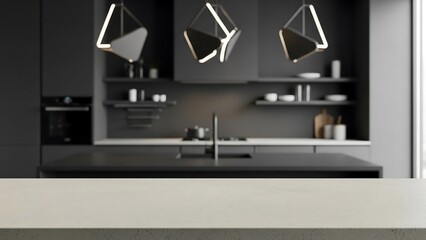 Matte pale concrete kitchen surface front view, blurred next-generation kitchen background, interior photography for architectural lifestyle branding