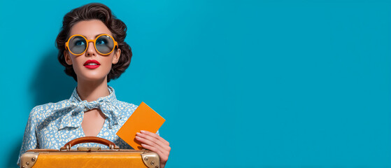 Retro style young woman with vintage suitcase and passport looking up on blue background, travel concept with copy space for summer vacation and tourism advertisement