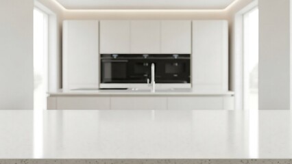 Fototapeta premium Ivory quartz kitchen tabletop front view, blurred modern kitchen background, interior photography for luxury lifestyle branding and product mockup