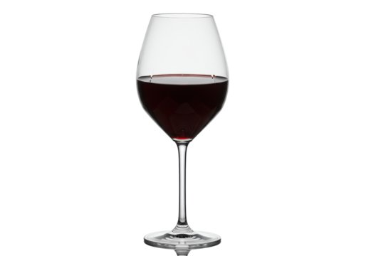 A singular, high-end crystal wine glass with a modern angular geometric design, filled with rich dark ruby red wine, isolated against a seamless transparent background, concept for luxury beverage - Powered by Adobe