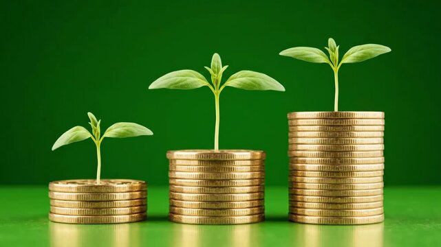 Three stacks of gold coins with small green plants growing on top, arranged in ascending order on a reflective green surface against a dark green background, conveying business growth.