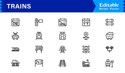 Modern Train Line Icon Collection Featuring Minimal Locomotive and Rail Elements, Unique Vector Design with Professional Quality for Transport, Travel, and Infrastructure