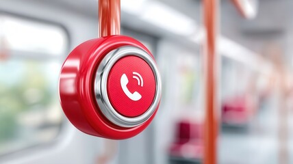 Activating emergency call button on public transport, providing passenger assistance communication immediate safety