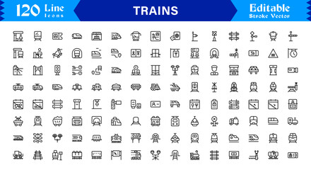 Modern Train Line Icon Collection Featuring Minimal Locomotive and Rail Elements, Unique Vector Design with Professional Quality for Transport, Travel, and Infrastructure © MDSalim