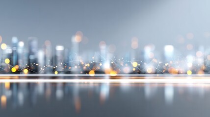 Buildings forming a futuristic city connected a glowing digital network, representing urban development technology and smart