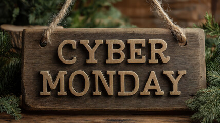 Seasonal sale concept featuring Cyber Monday sign against rustic wood and festive greenery