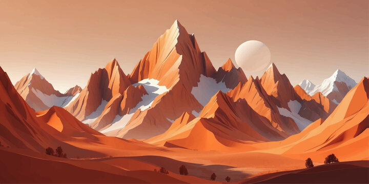 Majestic Himalayan mountain peak at sunset and sunrise with snow covered rocks and a panoramic view of the alpine landscape under a glowing sky in winter