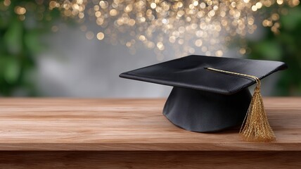 Graduation cap resting a wooden table, symbolizing education achievement, learning, future and opportunities career