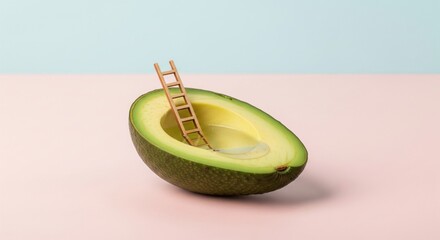 Creative Concept of Avocado with a Tiny Wooden Ladder Inside