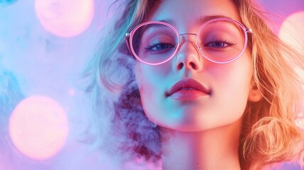 Fototapeta premium Stylish young woman wearing trendy blue sunglasses in vibrant pink and blue neon creating aesthetic modern smoke