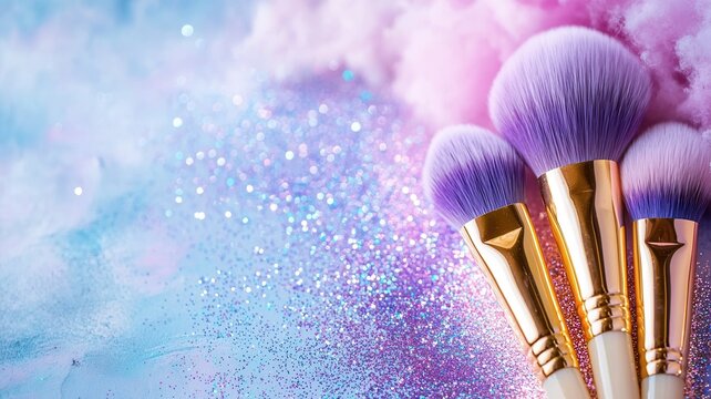 Makeup brushes creating vibrant glitter and cosmetic powder background in purple explosion