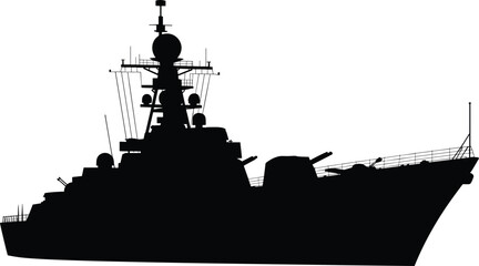 Modern naval warship silhouette military destroyer battleship defense force maritime security illustration isolated on white background navy vector design © Akhi's orld