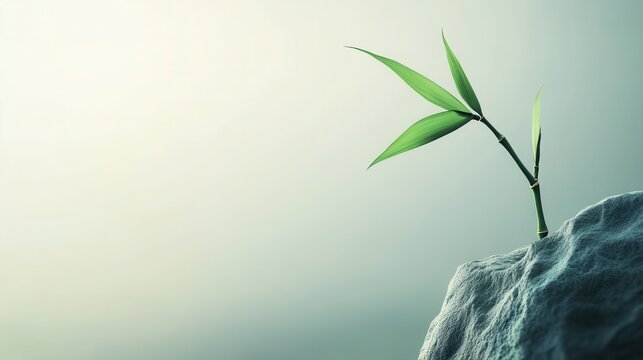 Bamboo sapling bends in wind, rock. Soft gradient background with ample copy space minimalist composition evokes resilience and calm. Subtle leaf detail catches muted light, creating zen atmosphere
