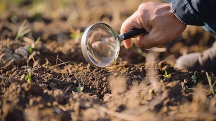 A close-up of a hand holding a magnifying glass over soil, examining small plants. The scene highlights agricultural research and soil analysis.