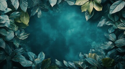 Green leaves surrounding a textured teal background in a natural setting for decoration