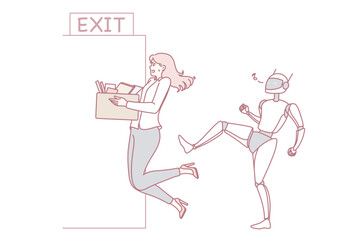 Fototapeta premium Robot kick female employee out of office job. Concept of artificial intelligence and androids at workplace. New era of robotic assistants. Vector illustration.