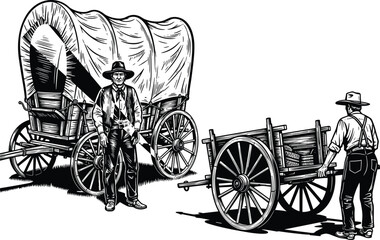 Fototapeta premium Covered, wagon, cart, pioneer, frontier, history, transport, silhouette, black, white, man, hat, boots, vest, wheels, canvas, migration, exploration, rural, attire - flavector