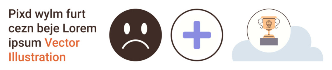 Fototapeta premium Emotional progress, achievement goals, motivation frameworks, personal growth, mental health symbols, success . Sad face, plus sign and trophy icons on a cloud. Emotional progress and achievement