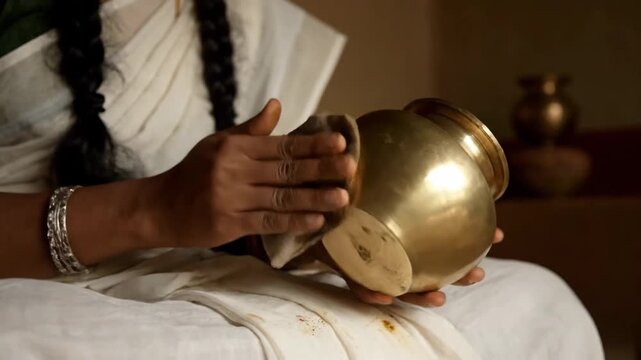 Indian woman hands polishing traditional brass kalash vessel