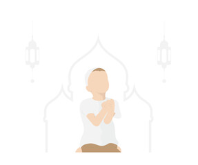 Vector Design of a Little Boy Praying to Welcome Ramadan Kareem