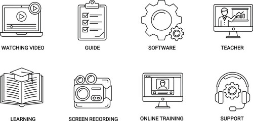 Collection of thin line icons for online learning and technical support including video tutorials guides software training screen recording and teaching