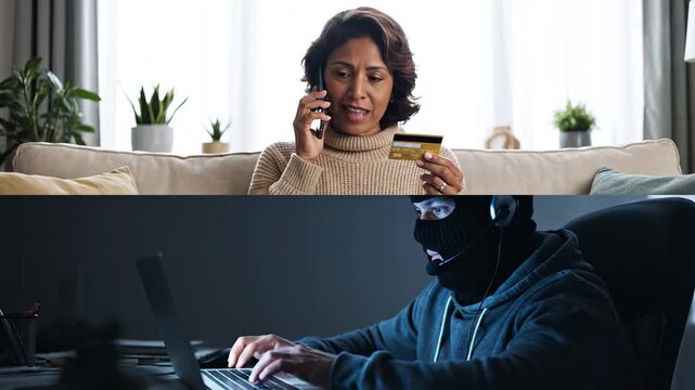  African-American woman holding credit card and talking on phone with scammer at home, senior female victim of online crime, cyber fraud and internet financial scam concept