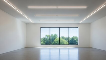 Obraz premium Modern gallery space with large windows overlooking lush greenery