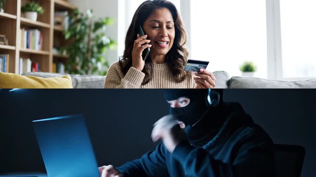  African-American woman holding credit card and talking on phone with scammer at home, senior female victim of online crime, cyber fraud and internet financial scam concept