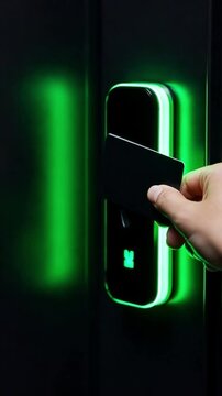 Electronic keycard unlocking a luxury hotel room door.