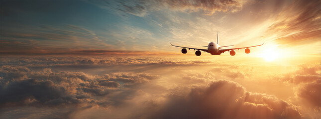 Passenger airplane soaring above a vast sea of clouds at sunrise, commercial aircraft flying in a golden sky for global travel, tourism, and international aviation industry