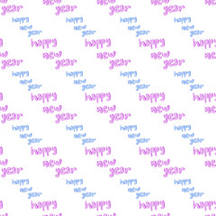 Seamless New Year pattern with playful handwritten &ldquo;Happy New Year&rdquo; lettering in purple and blue on a black background, perfect for festive designs, cards, wrapping paper, and digital decor.