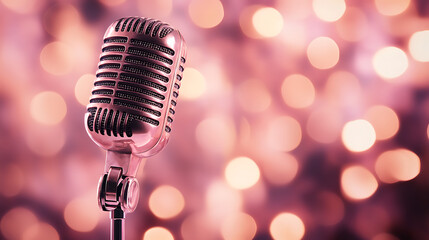 Vintage silver microphone closeup, soft pink bokeh lights background, romantic live music concert or jazz performance, karaoke singing contest concept.


