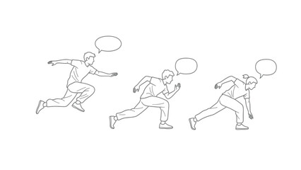Fototapeta premium Three figures running with empty speech bubbles line art illustration