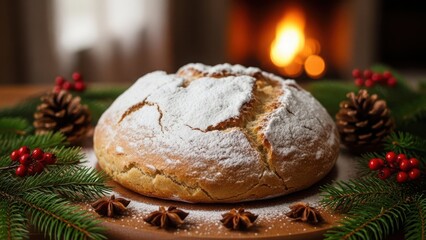 Cozy christmas bread by the fireplace