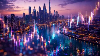 Financial data visualization rising above waterfront city skyline at dusk with glowing market signals reflecting economic activity and growth - Powered by Adobe